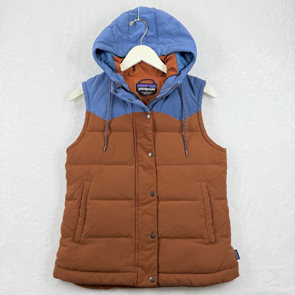 Patagonia Womens Bivvy Down Vest Hooded Puffer‎ Brown Blue Snap Front Sz S READ